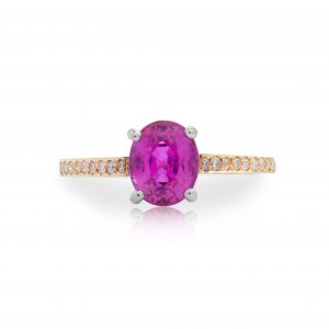 fine pink sapphire solitaire ring in platinum and yellow gold