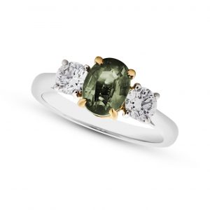 alexandrite of 1.67 cts as platinum and yellow gold 3 stone ring. GPL report