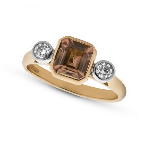 spessartite garnet and diamond 3 stone ring
